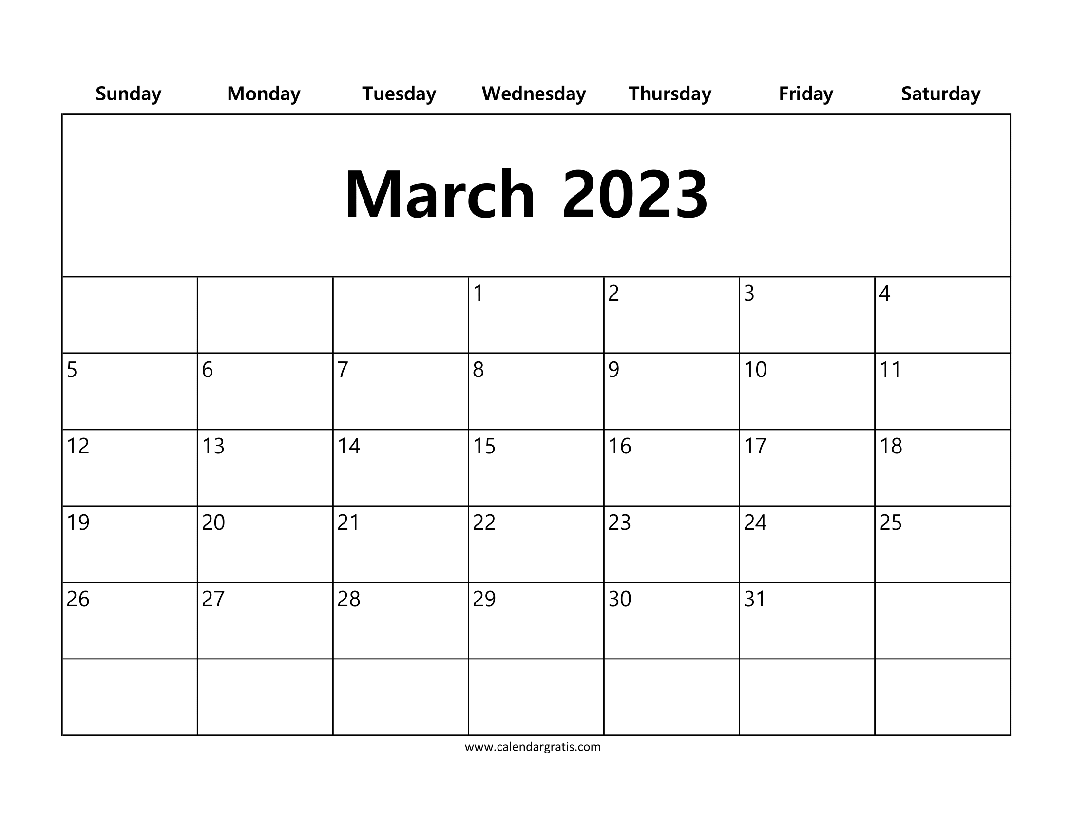Free printable March 2023 calendar with simple white background layout.
