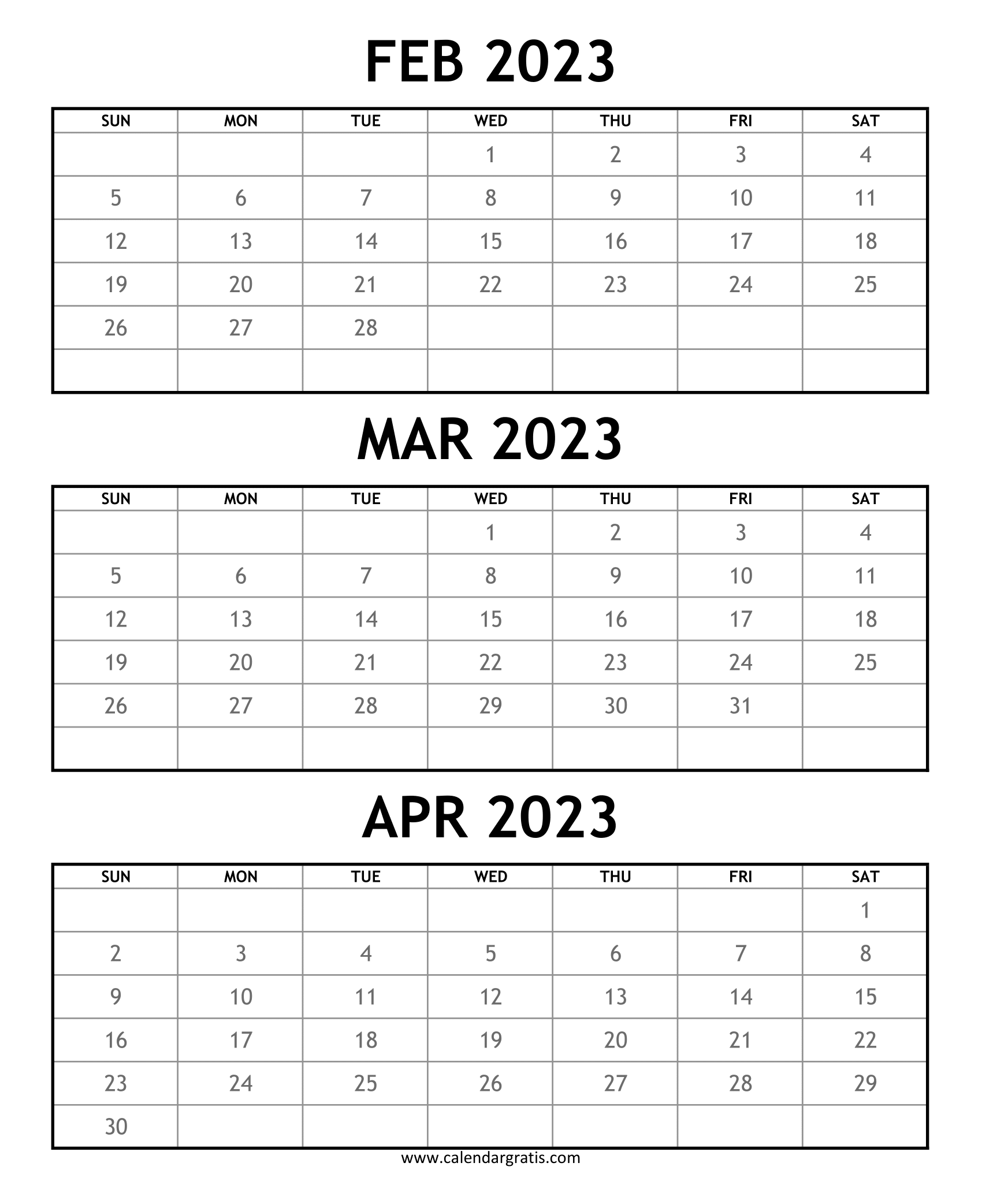 February to April 2023 Calendar printable template with simple white background layout.