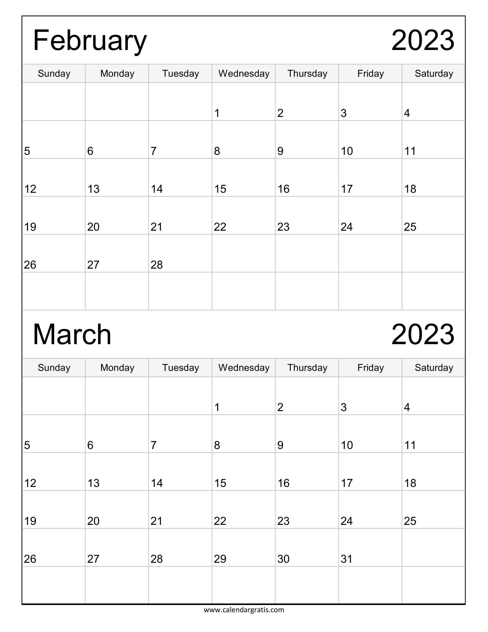 Two Month Printable Calendar February March 2023 in Portrait Layout, vertical format, simple design.
