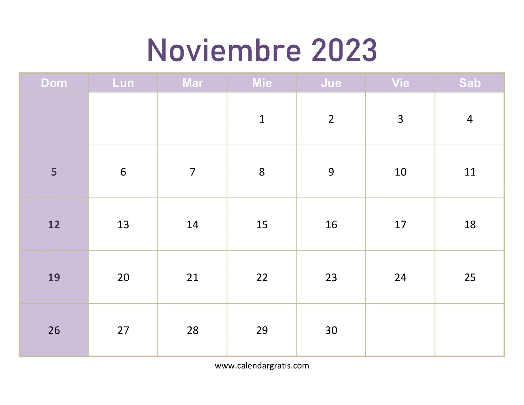 Calendario Noviembre 2023 Para Imprimir Gratis