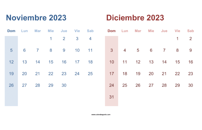 Calendario Noviembre Y Diciembre Para Imprimir