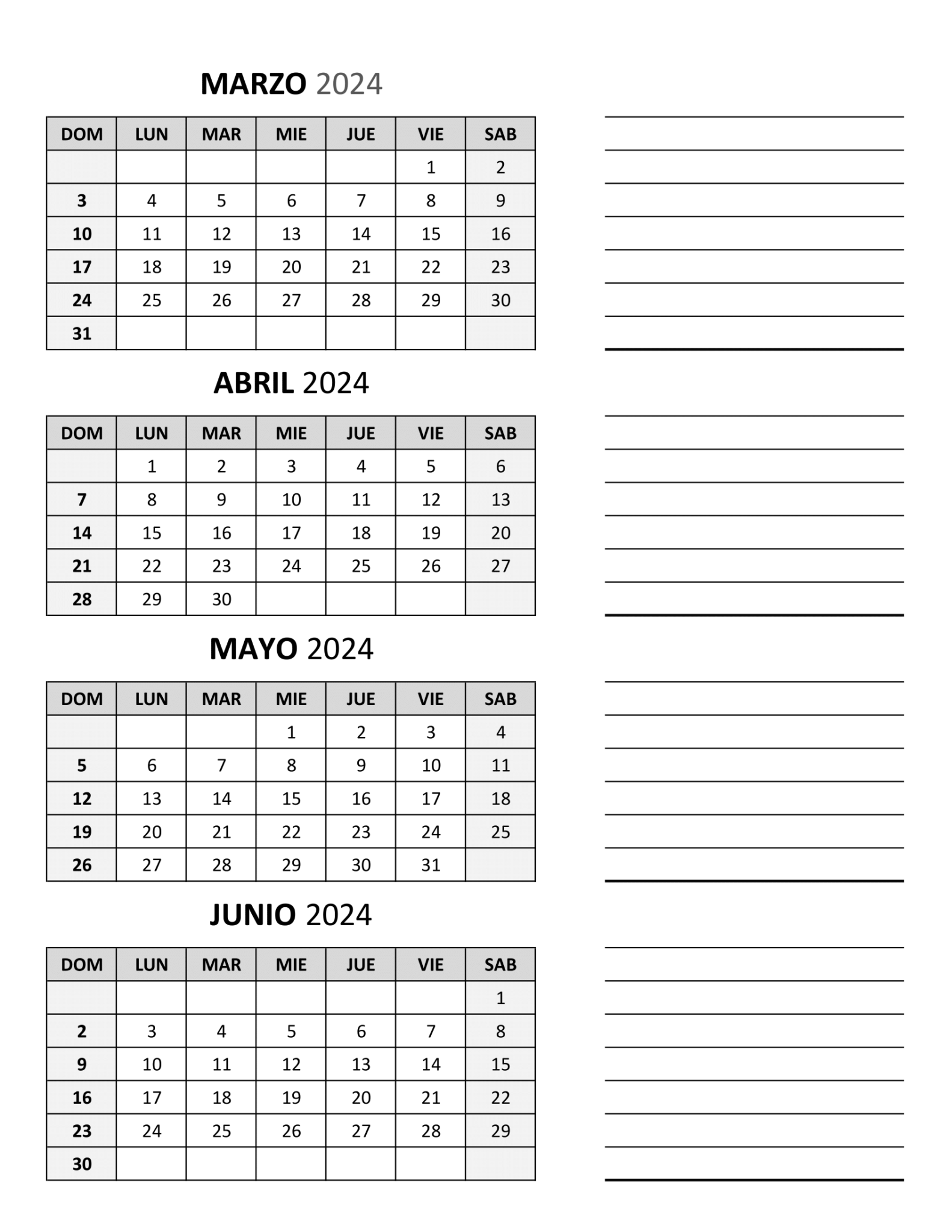 Calendario Marzo Abril Mayo Junio