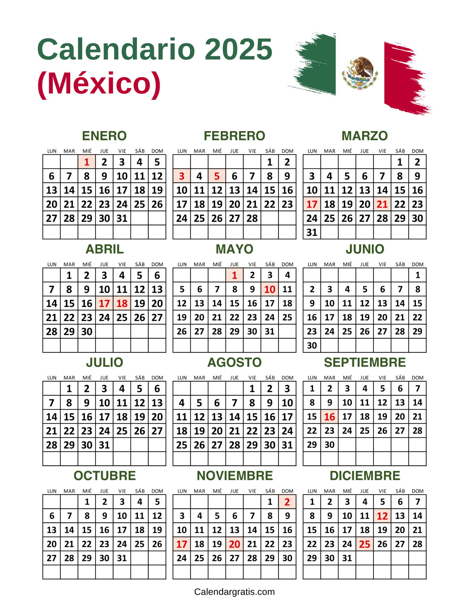 Calendario M Xico Con Festivos Para Imprimir Gratis