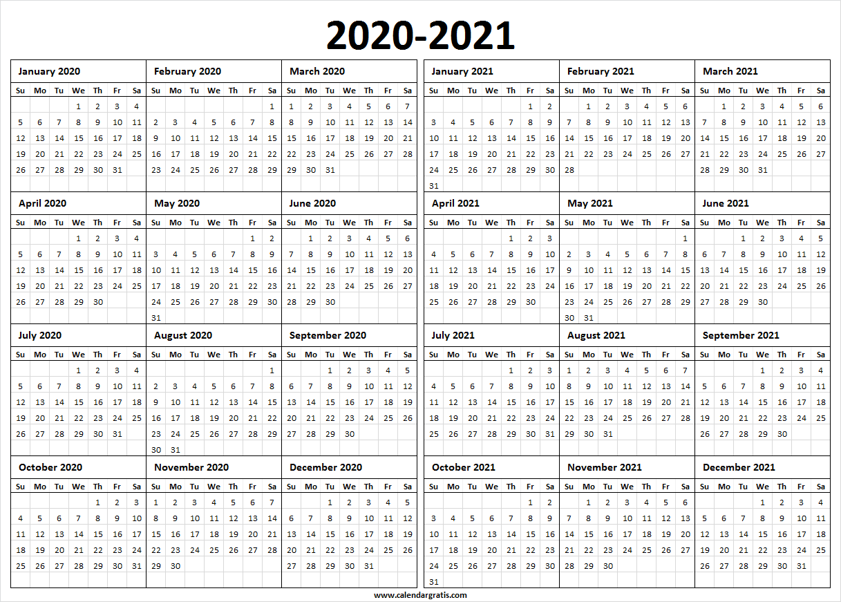 Printable Calendar 2020 2021 Two Year Per Page Free Pdf Word - Riset