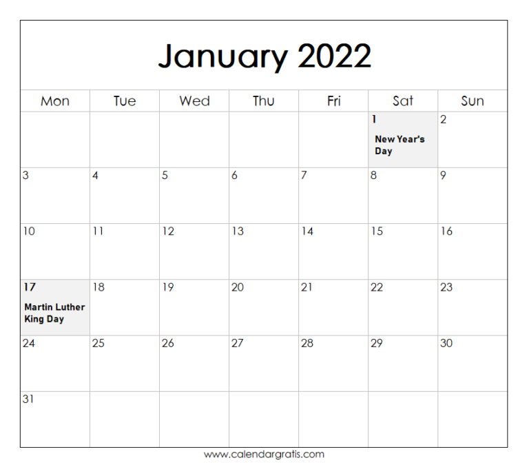 Free Printable January 2022 Calendar Template | Federal Holidays 2022