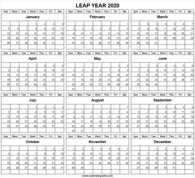 Leap Year 2020 Calendar - 366 Days | List of Leap Year 2020, 2024, 2028