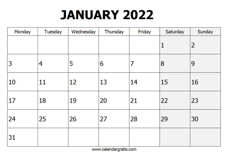 Free Printable January 2022 Calendar Template | Federal Holidays 2022