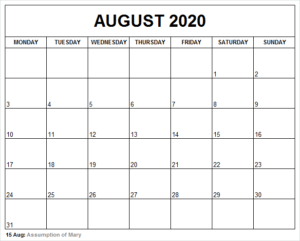 Printable August 2020 Calendar Holidays | Template | PNG | EXCEL | PDF