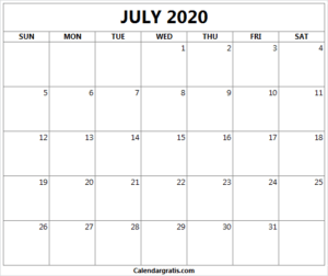 Printable July 2020 Calendar Template 