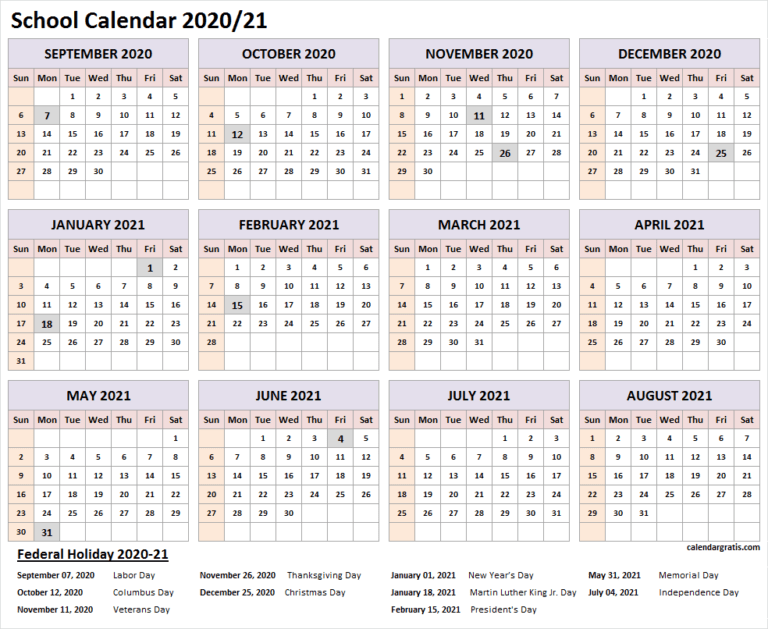 2020-2021 School Calendar Template | Academic Calendar 2020/21