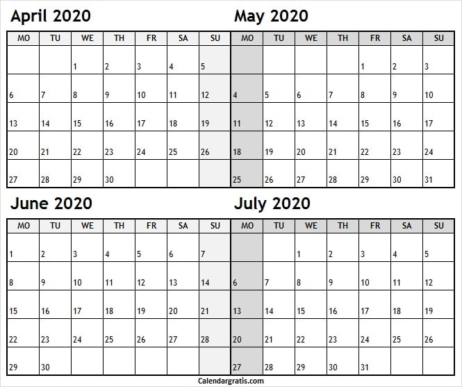 April May June July 2020 Calendar Printable