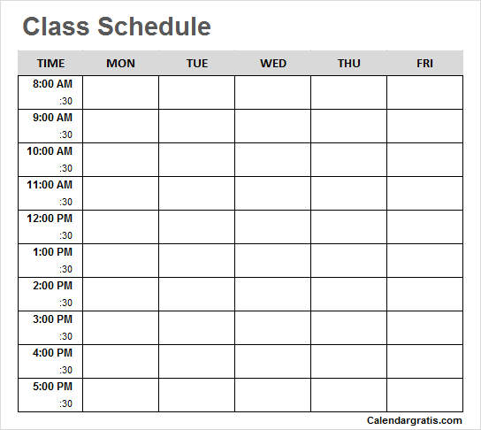 College Weekly Class Schedule Template Printable with Hours