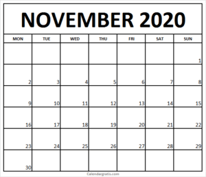 Printable November 2020 Calendar Template | Holidays in United States