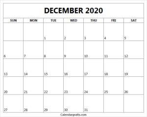 Printable December 2020 Calendar Template | Chrismas Holiday 2020