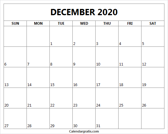 Printable December 2020 calendar template