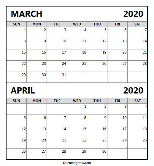 Printable March April calendar A4 size