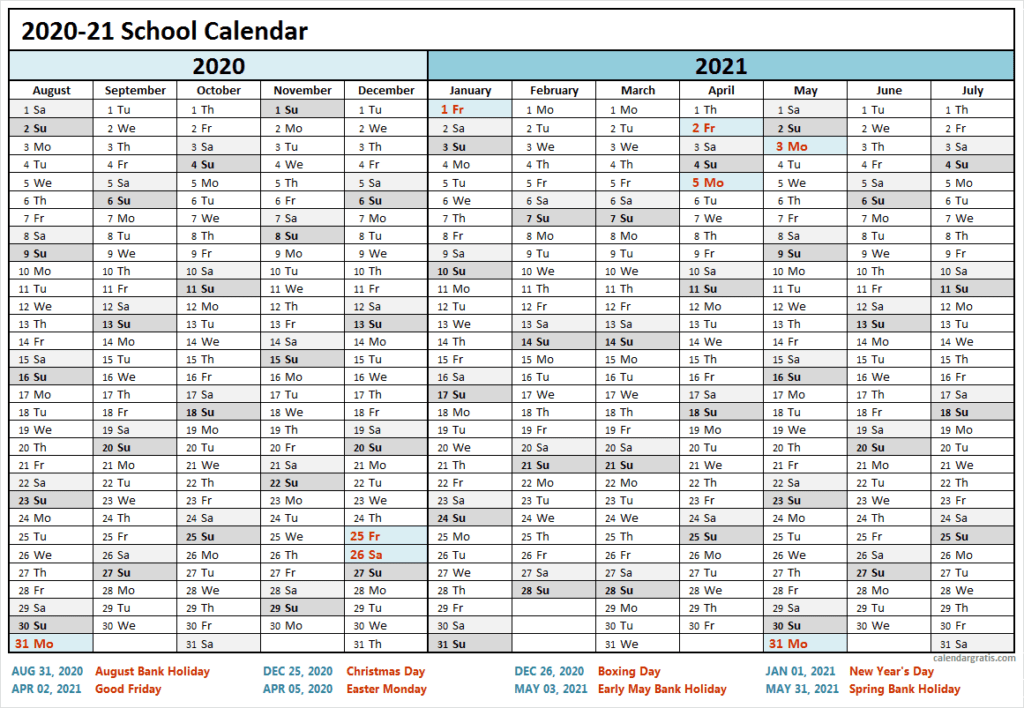 2020-2021 School Calendar Template | Academic Calendar 2020/21