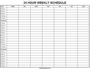 Printable Hourly Schedule Template - 24 Hours Planner Blank Templates