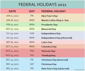 Federal Holidays 2021 Calendar Usa 