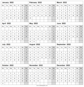 Year 2022 Printable Calendar One Page Template | Calendar Gratis