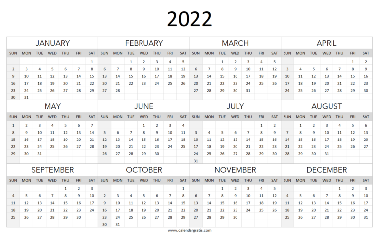 Year 2022 Printable Calendar One Page Template | Calendar Gratis