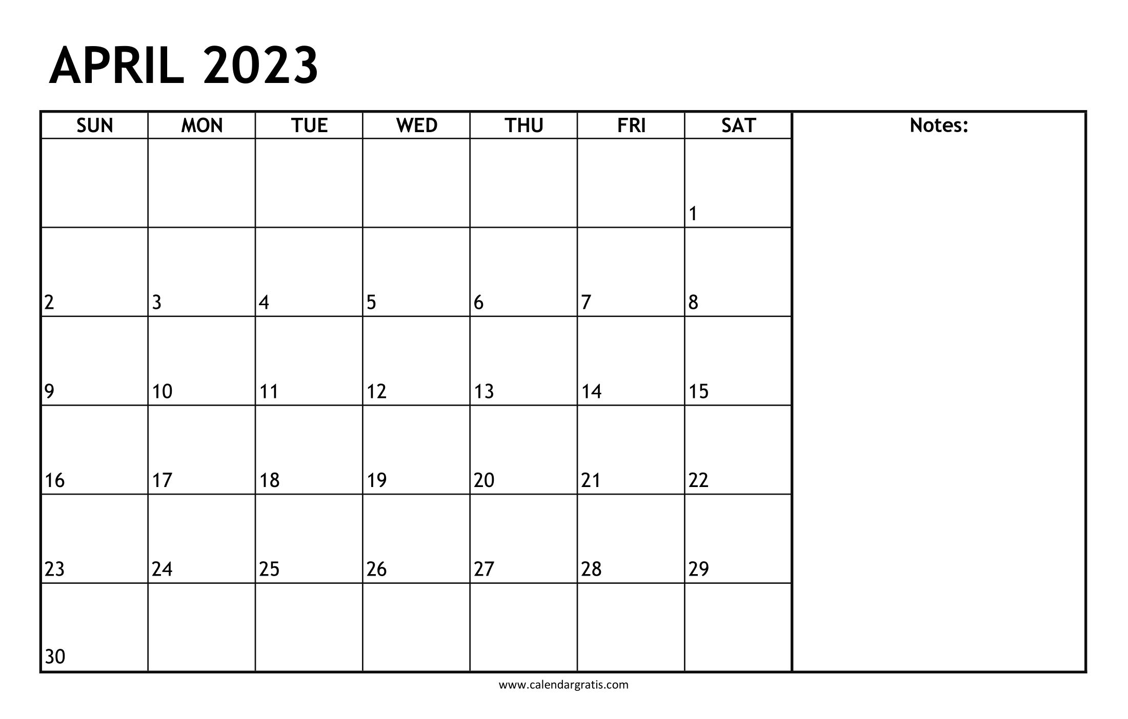 Printable April 2023 Calendar Template with Notes Section. Mark Dates for upcoming festivals, monthly appointments, meetings, birthdays, and anniversaries.