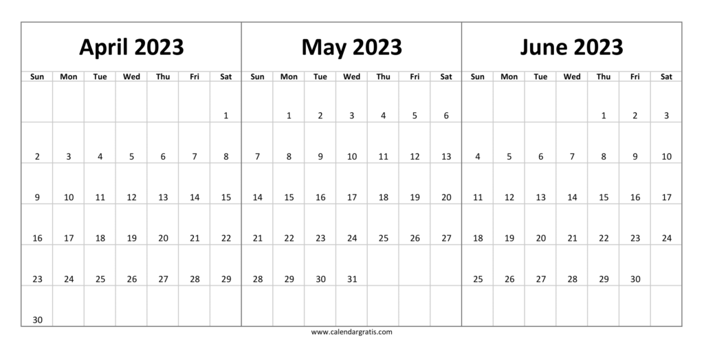 April May June 2023 Calendar Printable Template | Three Month Calendar