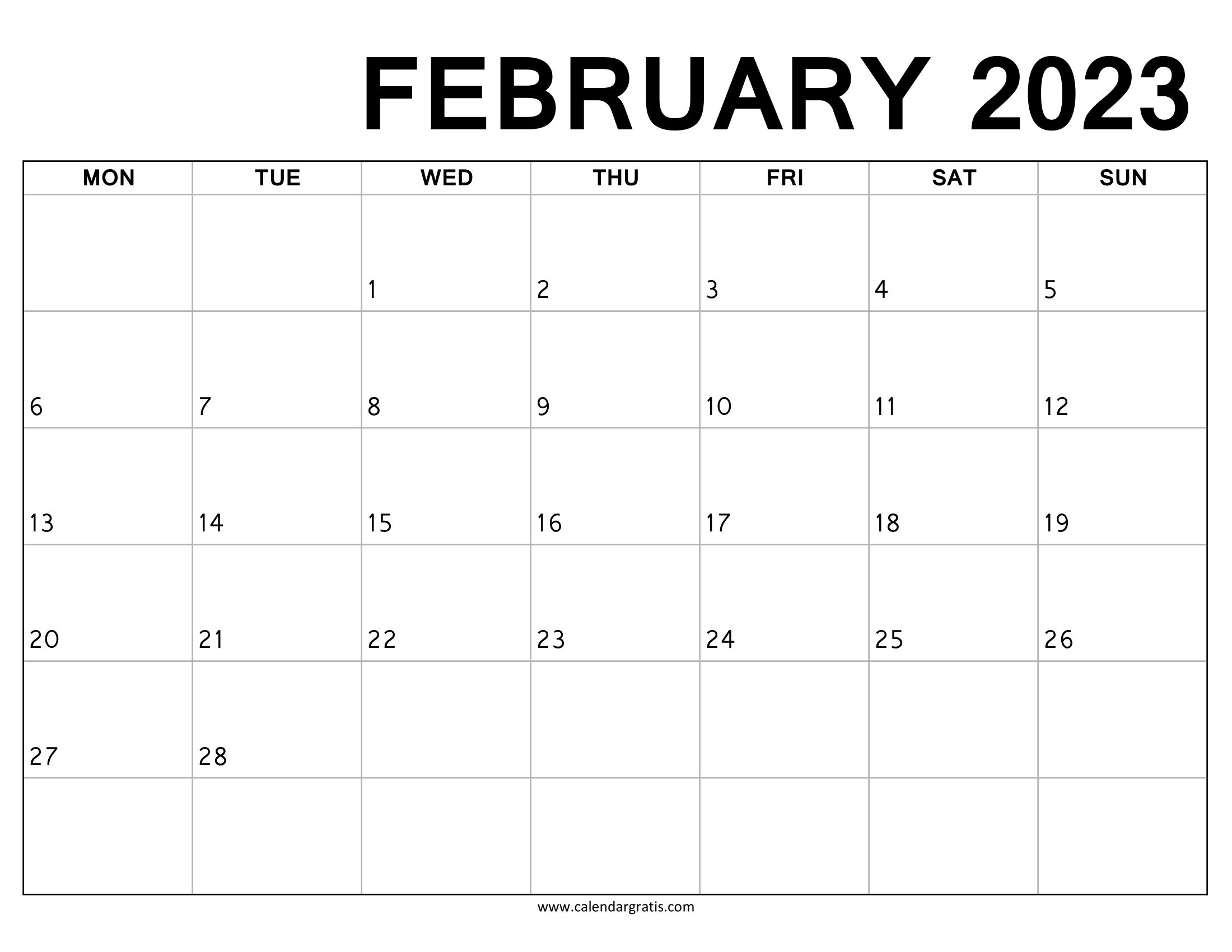 Download February 2023 Calendar Printable Monday Start, Monday to Sunday, Black and White Monthly Calendar Template.