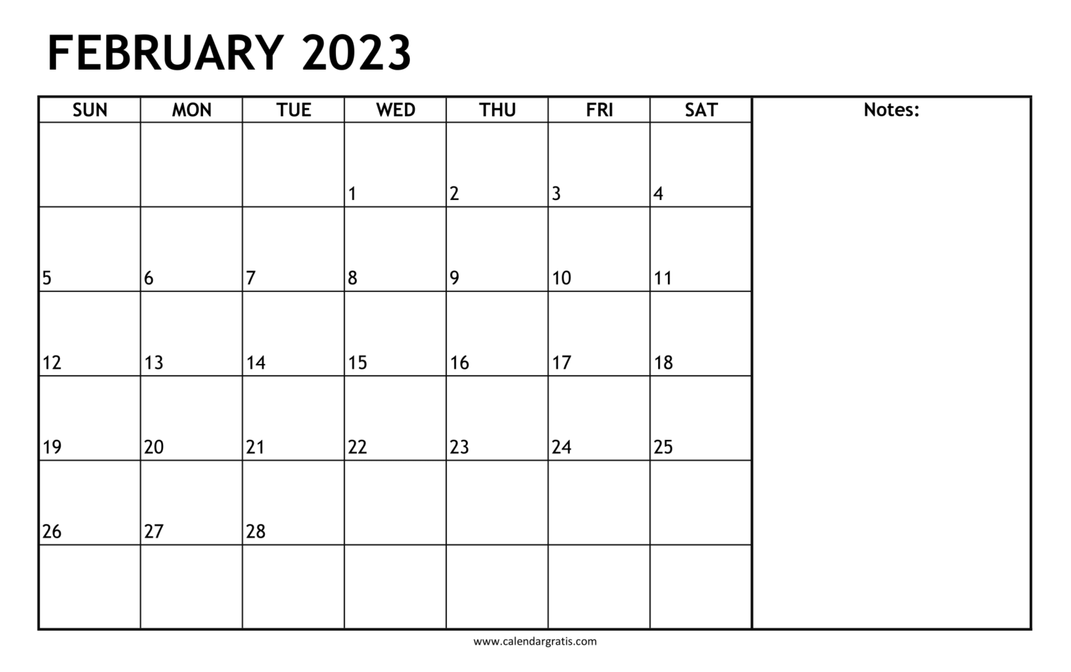 February 2023 Calendar With Notes Section 