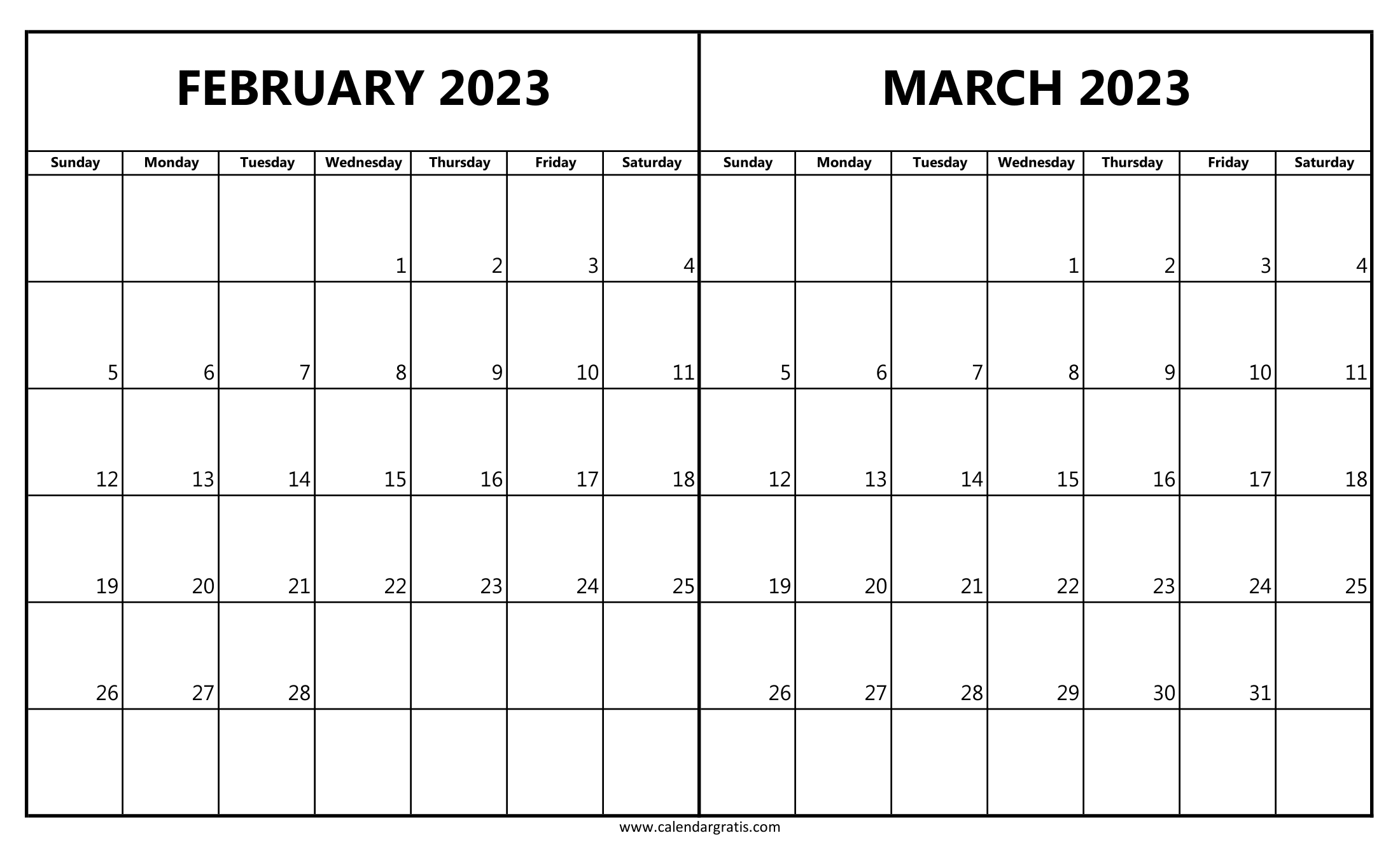 February March 2023 Calendar Printable in Horizontal Layout, Free Black and White Template, Two-month Planner.