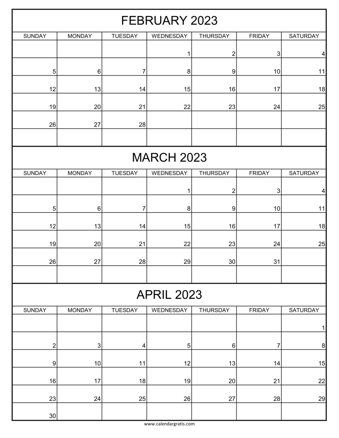 February March April 2023 Calendar Printable Three Month Calendar