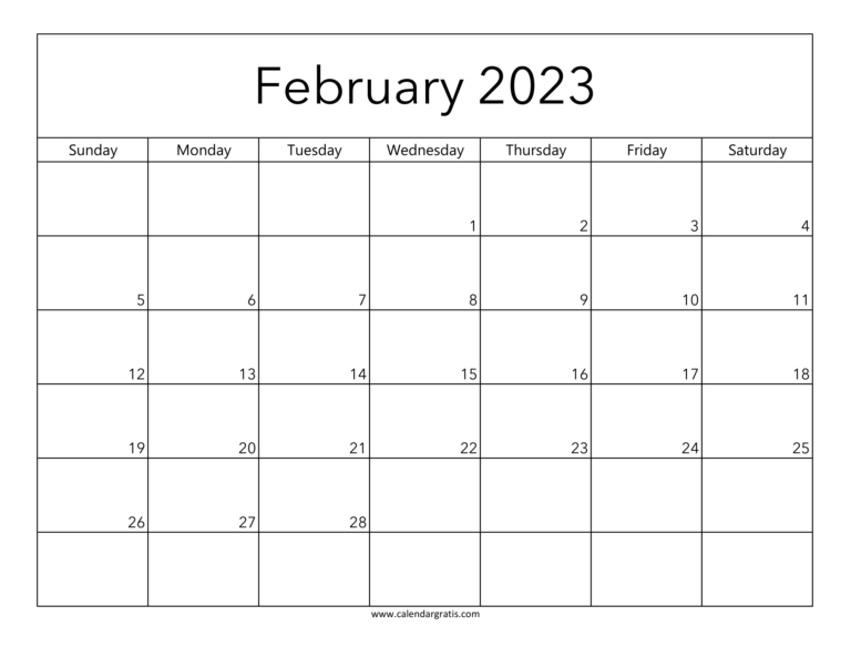 Printable February 2023 Calendar Template Free | Sunday to Saturday