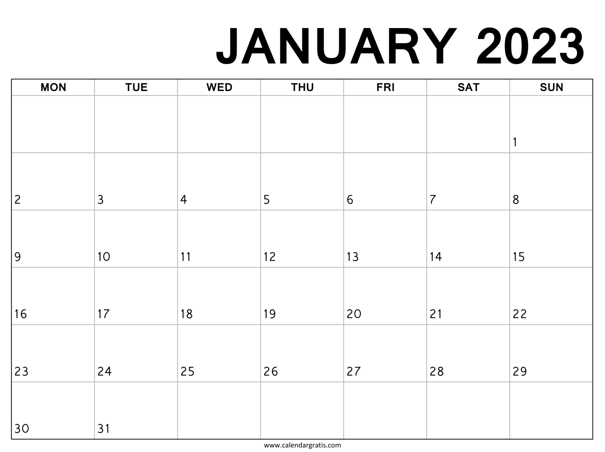 Blank January 2024 Calendar Monday Start Printable Online