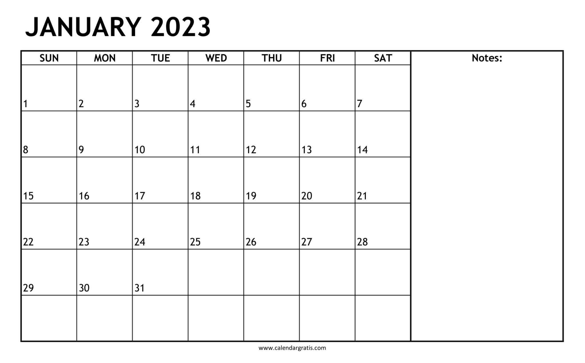 January 2023 Calendar With Notes Section Printable Monthly Planner 7679
