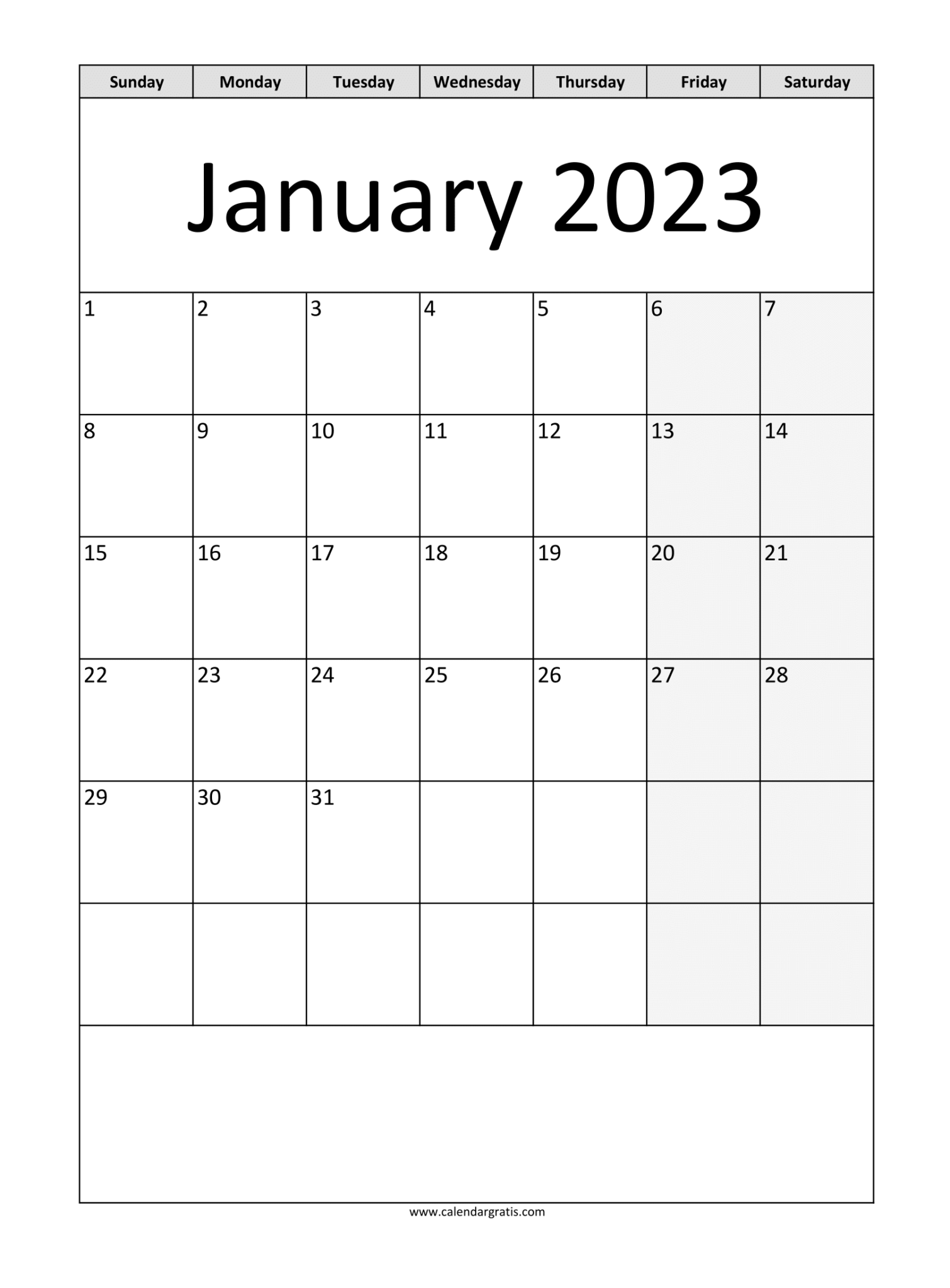 January 2023 Calendar A4 Printable | Free Vertical Calendar Template