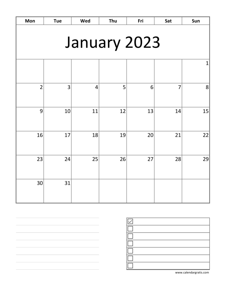 January 2023 Calendar Monday Start Printable | To-do List, Notes & Lines