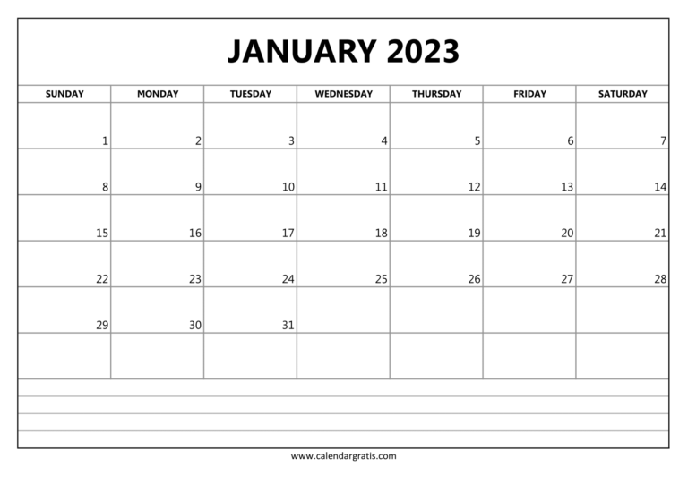 January 2023 Calendar with Notes Section | Printable Monthly Planner