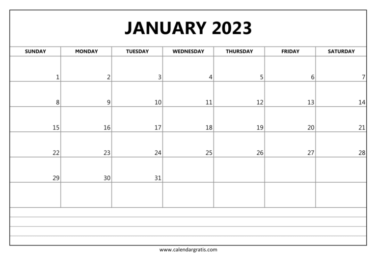 January 2023 Calendar With Notes Section 