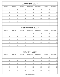 January February March 2023 Calendar Printable | Three Month Calendar