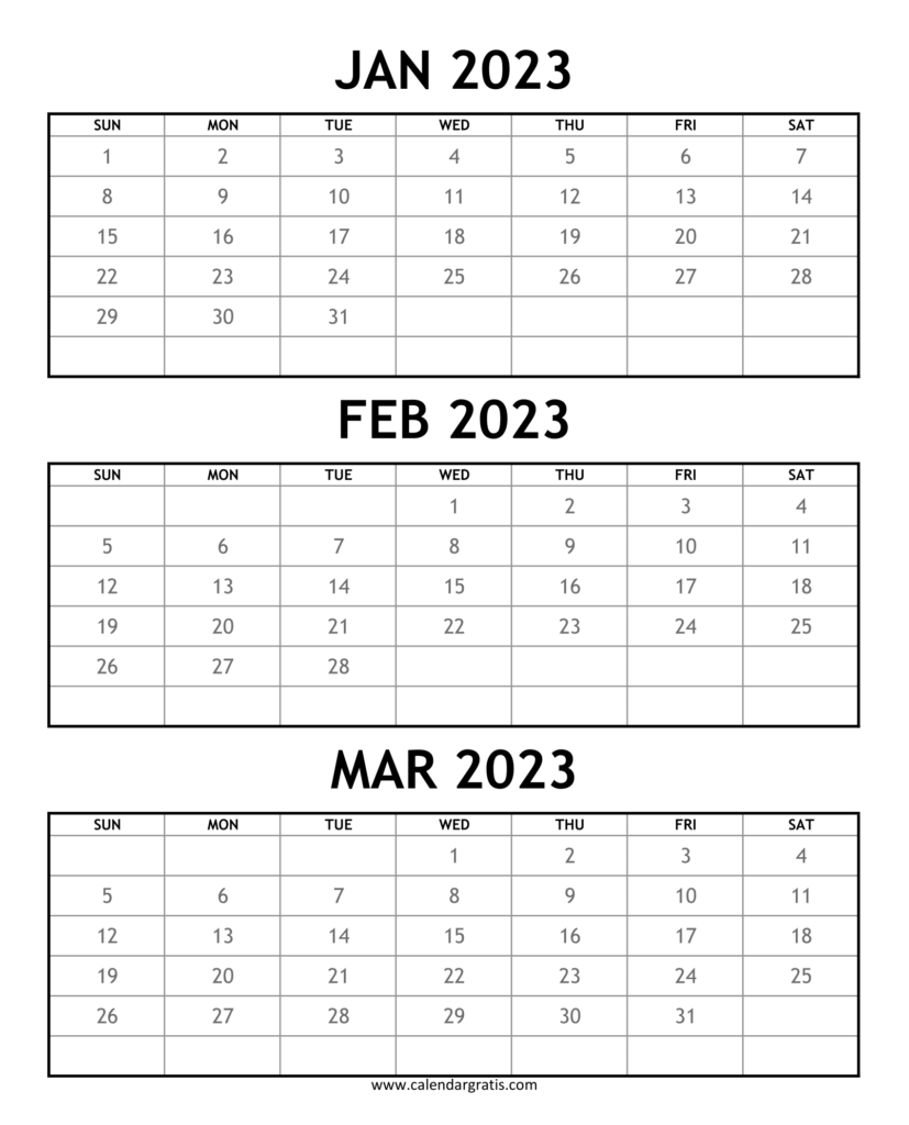 January February March 2023 Calendar Printable | Three Month Calendar
