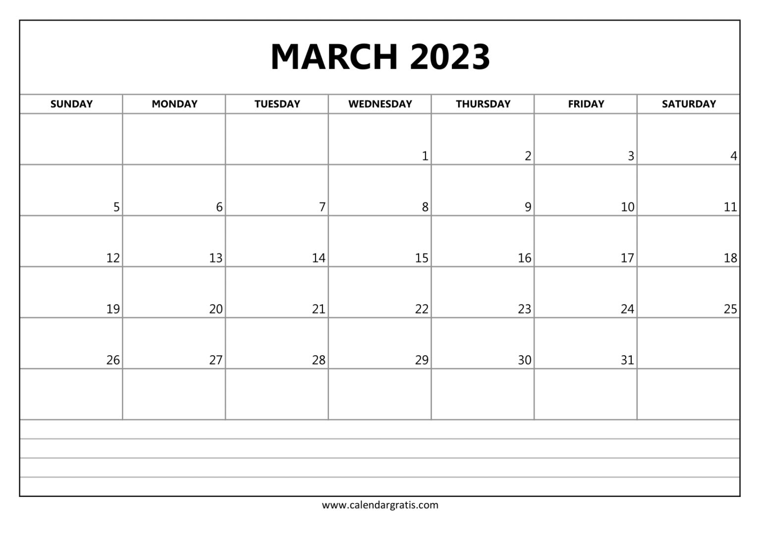 March 2023 Calendar with Notes Section | Free Printable Monthly Planner