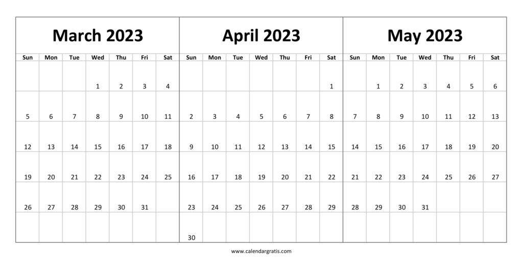 March April May 2023 Calendar Printable Template | Three Month Calendar