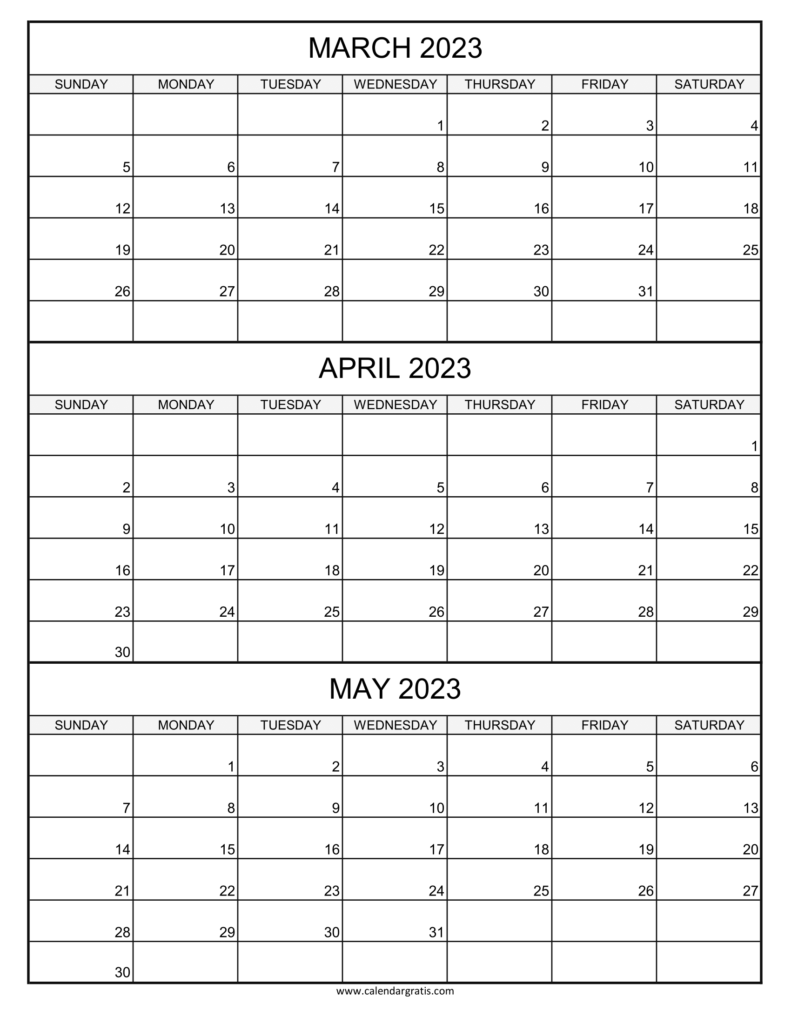 March April May 2023 Calendar Printable Template Three Month Calendar
