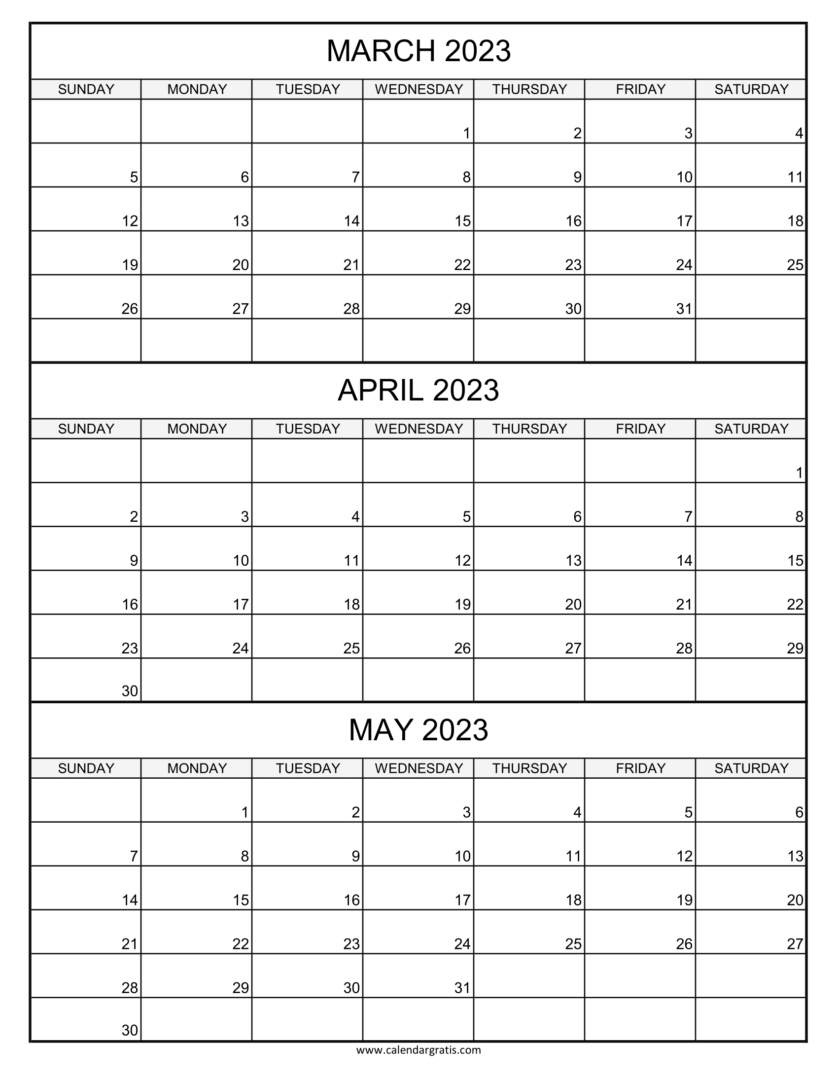 Three-month printable calendar March April May 2023 in Portrait Layout, vertical format, planner template.