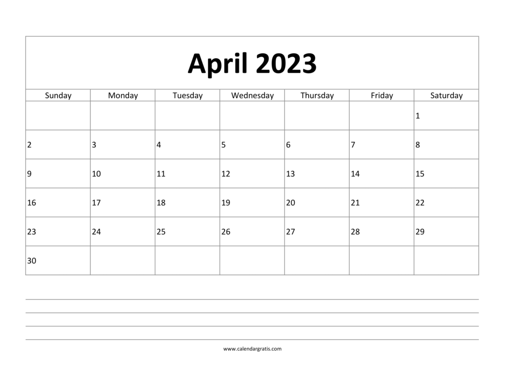 April 2023 Calendar with Notes Section | Free Printable Monthly Planner