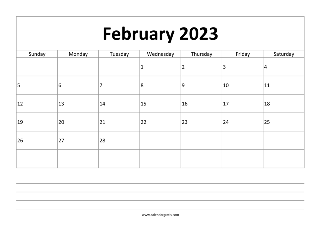 February 2023 Calendar with Notes Section | Printable Monthly Planner