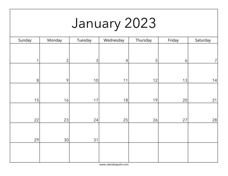 Printable January 2023 Calendar Template | Portrait Monthly Calendars