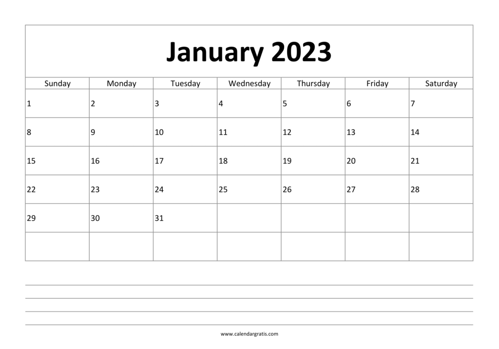 January 2023 Calendar with Notes Section | Printable Monthly Planner