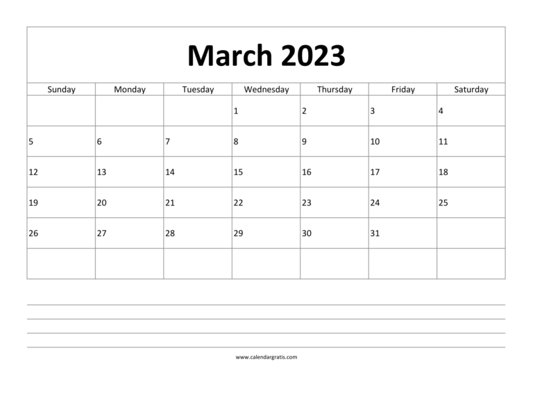 March 2023 Calendar with Notes Section | Free Printable Monthly Planner