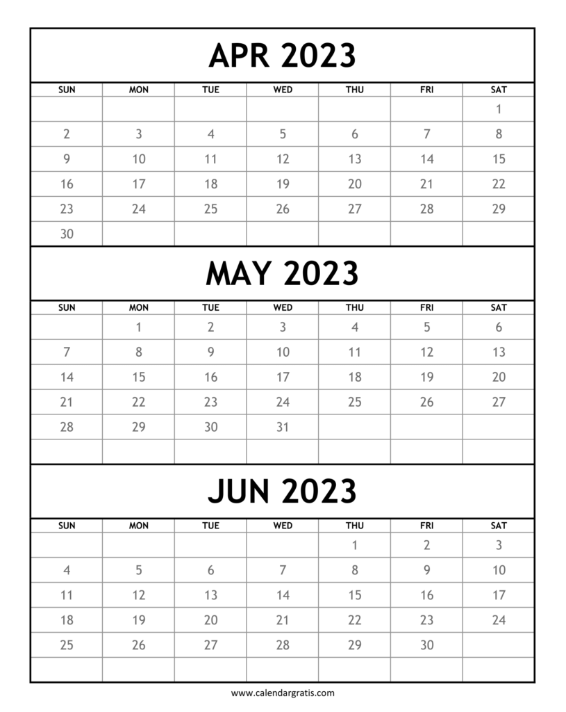 April May June 2023 Calendar Printable Template | Three Month Calendar